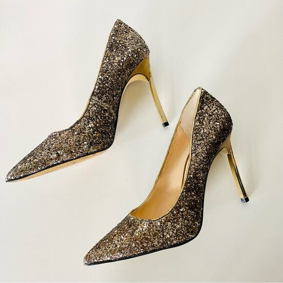 ENZO ANGIOLINI Gold Sequins Sparkle Pointy Toe Metallic Stiletto Heels Shoes 9 - Picture 3 of 10